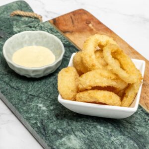 HOMEMADE ONION RINGS WITH UMAMI BROS MAYO (GLUTEN, EGG, DAIRY, MUSTARD)